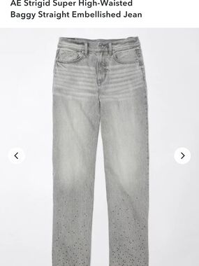 AE Strigid Super High Waisted Baggy Straight Jeans Embellished Raw Hem Gray 4